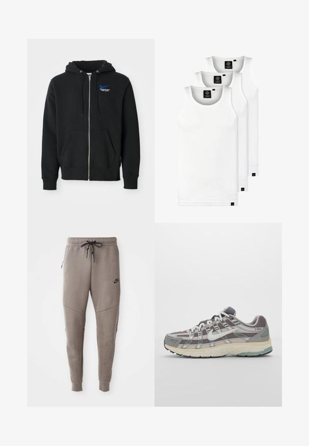 Melns zipa kapuce ar priekšējiem kabatām, kapuci ar auklām un mazu zilu Nike logotipu ar tekstu "Athletic Dept Just Do It" uz krūtīm.; Trīs baltas ribotas krūšturi, kas izgatavoti no kokvilnas. Iezīmēti ar apaļu kakla izgriezumu un maziem melniem etiķetēm tuvu apakšmalai. Pieejami vairākos izmēros.; Pelēki Nike sporta bikses ar aukliņu viduklī, sašaurinātiem galiem, sānu kabatām un izteiktām šuvēm. Mīksta, teksturēta auduma.; Pelēkie sporta apavi ar tīkla un zamša augšdaļu, baltiem akcentiem, mīkstinātu zoli un izcilu dizainu ar atstarotājiem.
