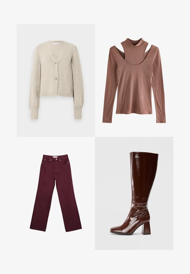 Beige neulottu neuletakki, jossa on pitkät hihat, V-pääntie, ribatut hihansuut ja helma, sekä kaksi koristeellista hopeanväristä ruusuketta.; Pitkähihainen toppi hillityssä ruosteen värissä, ribbitekstuuri, jossa on korkea kaulus ja erottuva olkapääaukko.; Burgundy korkeavyötäröiset farkut suoranlahkeisella designilla, joissa on etutaskut, nappisuljenta ja kuparinvärisiä varusteita.; Knee-high ruskeat patenttisaappaat, joissa on neliön muotoinen kärki, kiiltävä pinta ja tukevat paksut korot. Saumaton muotoilu ilman näkyvää metalliosaa.