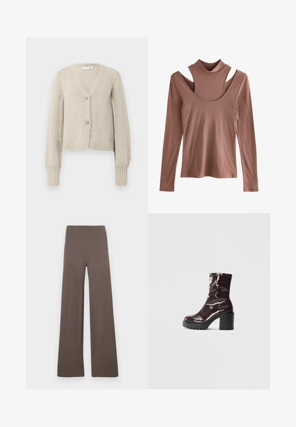 Beež kudumiskardigan, kaua varrukatega, V-kaelusega, ribakrade ja hõbedased kaunistavad paelakujulised nupud.; Pikend varrukatega pluus tuhm pronksikarva, ribakoes, millel on vale kaelus ja silmapaistev õlavarre lõikekujundus.; Laiad pahkluudriga püksid tumepruunis toonis, millel on veniv vöökoht ja pehme, tekstuuriga kangas.; Klakav läikiv burgundi värvi pahkluu saabas, millel on paks must konts, sile tekstuur ja lihtne disain. Nähtavad kinnitused või mustrid puuduvad.