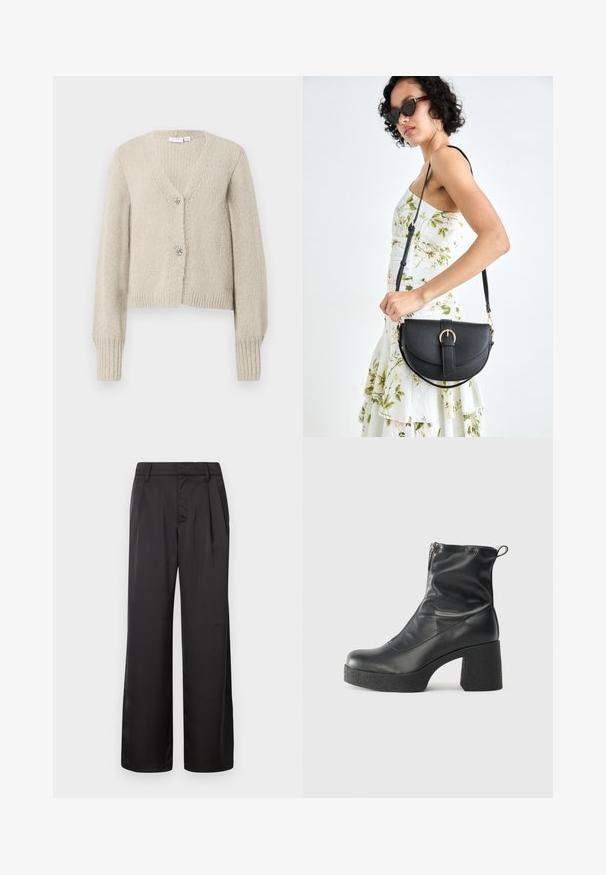 Bež pleteni kardigan z dolgimi rokavi, z V-izrezom, rebrastimi manšetami in robom ter dvema dekorativnima gumboma v obliki srebrne pentlje.; Bela dolga majica s kratkimi rokavi iz rebraste tkanine s krožnim ovratnikom. Gladka tekstura, prilegajoča se zasnova in brez vidnih vzorcev ali dodatkov. Preprost in minimalističen slog.; Črne široke hlače iz gladkega materiala z nabrano sprednjo stranjo, stranskimi žepi in krojenim pasom.; Črne gležnjarje iz gladke kože z božnim zadrgo, masivnim teksturiranim peto in zaobljeno obliko prstov.; Črna usnjena torbica s ukrivljeno obliko, z odstranljivo naramnico in zlatimi dodatki. Torbica ima pokrov s podrobnostmi v obliki zaponke.
