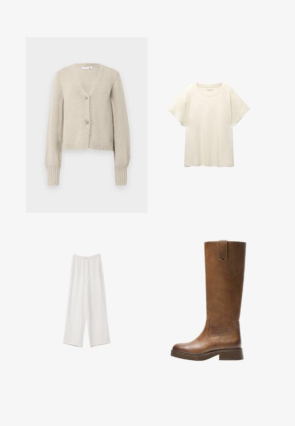 Bež pleteni kardigan z dolgimi rokavi, z V-izrezom, rebrastimi manšetami in robom ter dvema dekorativnima gumboma v obliki srebrne pentlje.; Svetlo bež kratkosleeven majica s okroglim ovratnikom, izdelana iz mehke, gladke tkanine. Ima sproščen kroj in raven rob.; Bele široke hlače iz lahkega materiala. Imajo elastičen pas s vrvico in stranske žepe. Gladka tekstura.; Bralne usnjene škornje do kolen z zaobljenim nosom, teksturirano površino in nizkim platiščem. Imajo stranski panel in zanko za poteg na vrhu.