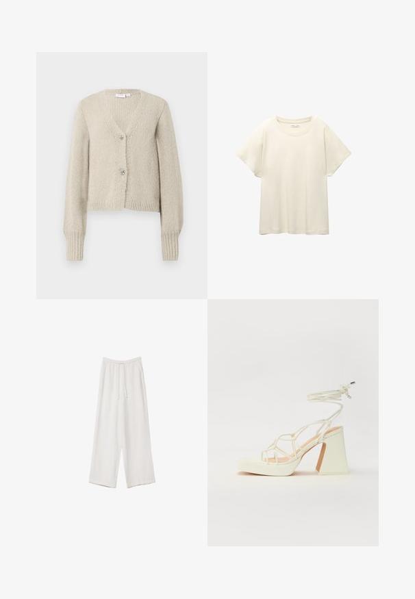 Bež pleteni kardigan z dolgimi rokavi, z V-izrezom, rebrastimi manšetami in robom ter dvema dekorativnima gumboma v obliki srebrne pentlje.; Svetlo bež kratkosleeven majica s okroglim ovratnikom, izdelana iz mehke, gladke tkanine. Ima sproščen kroj in raven rob.; Bele široke hlače iz lahkega materiala. Imajo elastičen pas s vrvico in stranske žepe. Gladka tekstura.; Bela sandala na visokih petah s debelim petam, ki ima obliko trakcev in vezanje okoli gležnja. Gladka tekstura z platformo spredaj za dodatno višino.