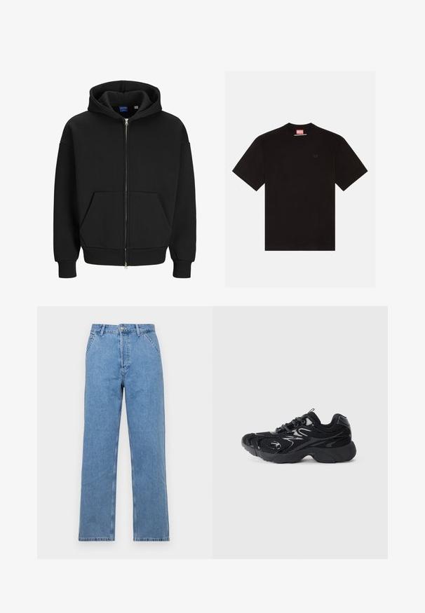 Jack & Jones EINFARBIG - Lukuga pusa - black; Mustat puuvillased T-särgid lühikeste varrukatega, ümar kaelus ja väike embosseeritud logo rinnal. Punane brändi silt kaeluses.; Hele sinine denim sirgeded teod, klassikalise viie tasku disainiga, ees nupuga kinnitamine ja vööaugu lõiked. Sile tekstuur.; Mustad mustrehilised jalanõud, millel on võrgumaterjal ja sünteetilised aktsendid, ümarad varbad, tekstureeritud tallaosa ning kontrastsed läikivad detailid peal.