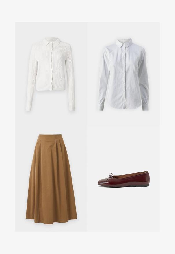 Bílý pletený cardigan s límcem, zapínáním na knoflíky a dlouhými rukávy, který má otevřený, texturovaný síťový design.; Bílá košile na knoflíky vyrobená z hladké bavlny, s klasickým límcem, dlouhými rukávy a zakřiveným spodním lemem. Knoflíky jsou malé a bílé.; Hnědá bavlněná sukně ve stylu A s vysokým pasem, se sklady na přední straně a hladkou texturou. Lemování je čisté a jednoduché.; Burgundské lakové baleríny s kulatou špičkou, malou mašlí vpředu a nízkou černou gumovou podrážkou. Hladký povrch.