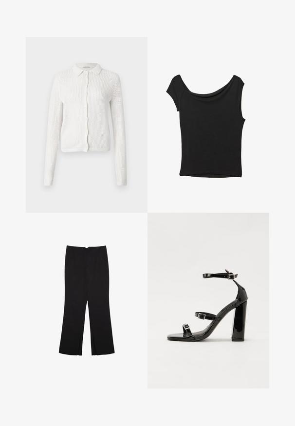 Bijela pletena cardigan jakna s ovratnikom, dugim rukavima i prednjim gumbima, koja se ističe otvorenom, teksturiranom mrežastom dizajnom.; Crna majica kratkih rukava od glatkog materijala; ima drapirani izrez i asimetrični donji rub, uz prilagođeni kroj tijela.; Crne hlače ravnog kroja, s prednjim džepovima i bočnim prorezima na rubu. Izrađene od mekog i glatkog materijala. Pogodne za razne prigode.; Crne lakirane sandale na pete sa kvadratnim nosom, trakama oko gležnja i srebrnim kopčama. Imaju čvrst blok petu za stabilnost.
