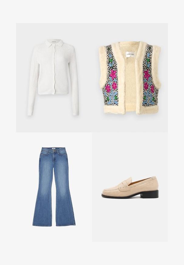White knitted cardigan with a collared neckline, button front, and long sleeves featuring an open, textured mesh design.; Fleece vest in cream with floral embroidery in pink, blue, and green on black fabric. Features open front and textured finish.; White short-sleeve t-shirt made of cotton. Features a crew neckline and a relaxed fit. Smooth texture with no visible patterns or accents.; Flared blue denim jeans with a high waist, five pockets, and contrast stitching; smooth texture and classic wash.; Beige leather loafers with a crocodile texture, featuring a square toe and three metallic star accents on the top. Black low heel.