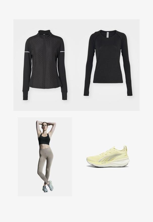 ONLY Play ONPTRACK WARM - Mikina na zip - black; Černá dlouhá rukávová košile vyrobená z měkké látky. Má kulatý výstřih a raglánové rukávy s otvory na palce na manžetách. Minimalistický design.; Černá sportovní podprsenka a béžové legíny s vysokým pasem, které mají boční švy a akcenty. Modelka má na sobě světle šedé sportovní boty s polstrovanou podrážkou.; Světlě žlutá sportovní obuv s texturovaným svrškem, šedými akcenty a polstrovanou podrážkou. Disponuje šněrovacím designem a poutkem na patě.