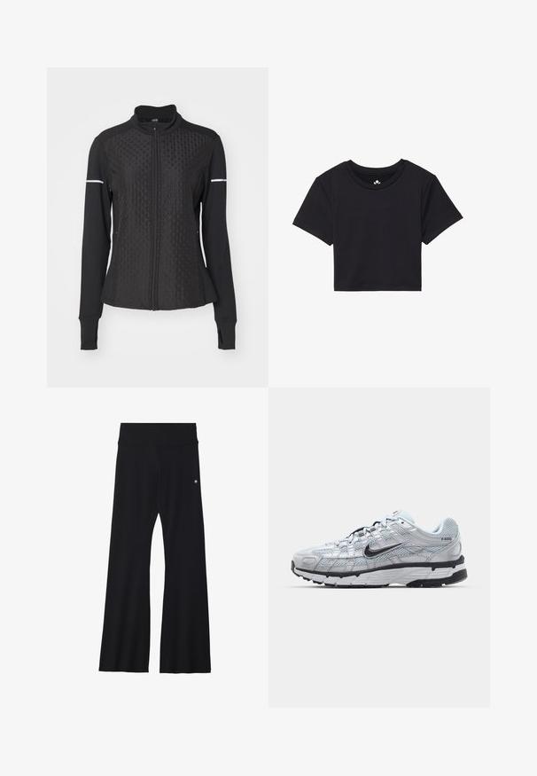ONLY Play ONPTRACK WARM - Felpa con zip - black; T-shirt nera cropped con maniche corte, scollo rotondo, realizzata in tessuto liscio. Design minimalista senza motivi o accenti visibili.; Pantaloni yoga neri a campana in tessuto elasticizzato, con una cintura ampia e un piccolo logo vicino all'anca. Texture liscia, senza motivi.; Sneakers Nike P-6000 con una toma superiore in mesh grigio chiaro, accenti neri e una resistente suola in gomma nera. Dotati di un design intricato e di un sistema di allacciatura.
