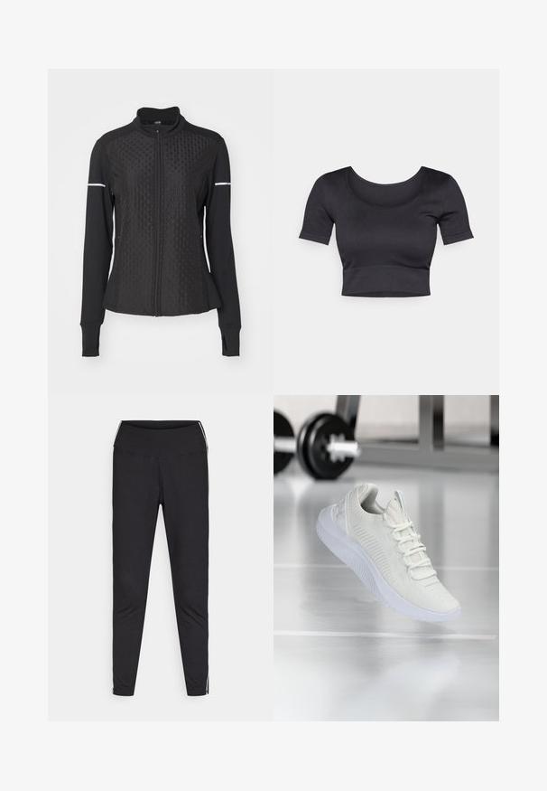 ONLY Play ONPTRACK WARM - Felpa con zip - black; Top corto a coste nero con maniche corte, scollatura rotonda ampia e fascia aderente nella parte inferiore. Tessuto morbido, design informale.; Leggings neri realizzati in tessuto elasticizzato. Vita alta, fitting affusolato, con strisce bianche lungo le cuciture esterne. Texture liscia.; Sneaker atletico bianco con tomaia in rete testurizzata e sistema di allacciatura, caratterizzato da una suola bianca ammortizzata e sottili accenti rigati.