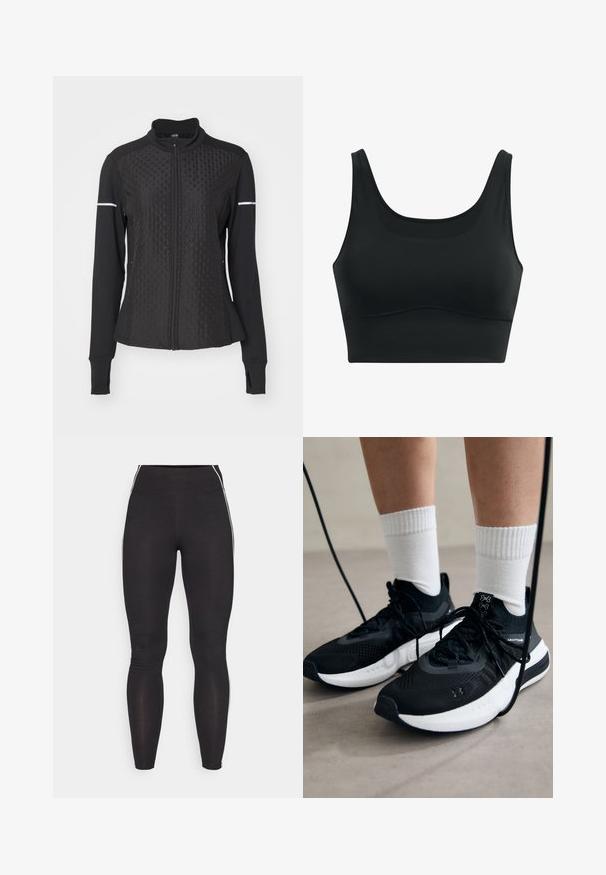 ONLY Play ONPTRACK WARM - Užtrauktuku užsegamas treningas - black; Juodas sportinis liemenukas, pagamintas iš lygaus audinio, su apvaliu kaklu, plačiomis petnešomis ir besiūle konstrukcija su išlinkusia apatine dalimi.; Juodos leggingai, pagaminti iš tamprios medžiagos, su aukštu juosmeniu. Pasižymi baltais šoniniais dryžiais ir sklandžia tekstūra visame paviršiuje.; Juodi sportiniai batai su tekstūruotu audiniu, balta padu ir juodais raiščiais. Dėvimi su baltais raištiniais kojiniais, stovint lengvame paviršiuje.