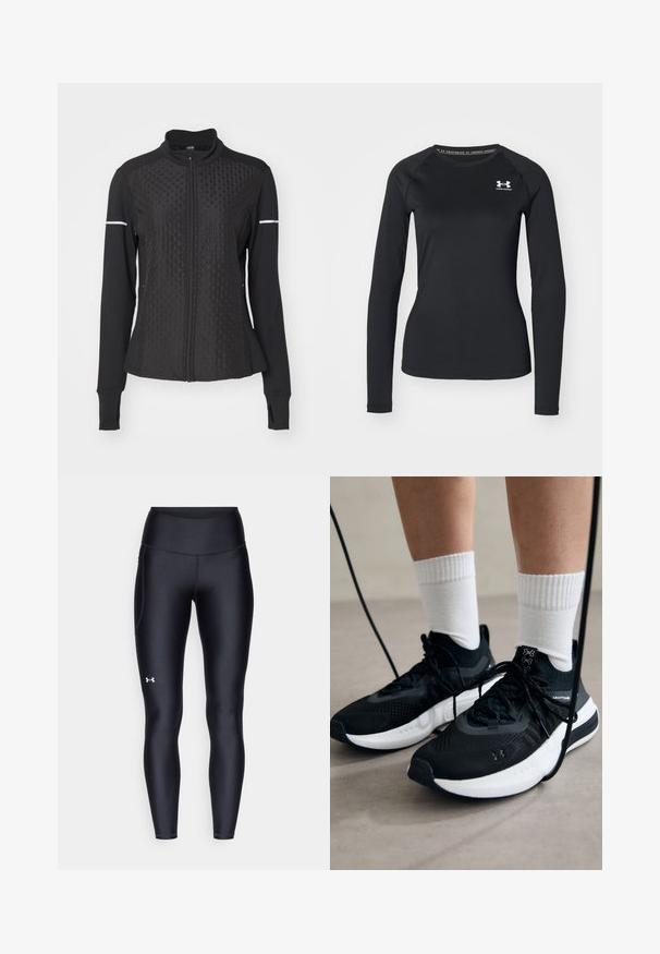 ONLY Play ONPTRACK WARM - Sweatjacke - black; Schwarzes langärmliges Sportshirt aus glattem Material, mit Rundhalsausschnitt und einem kleinen weißen Logo auf der linken Brust.; Schwarze Leggings aus glattem, elastischem Material mit einem hohen Bund. Mit einem weißen Logo auf dem linken Oberschenkel und tailliertem Design.; Schwarze Sportschuhe aus strukturiertem Stoff, mit weißer Sohle und schwarzen Schnürsenkeln. Tragen mit weißen gerippten Socken, stehen auf einer hellen Fläche.