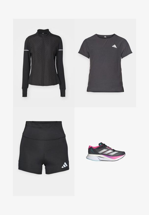 ONLY Play ONPTRACK WARM - Sweat zippé - black; T-shirt de sport à manches courtes, gris foncé avec une texture perforée. Présente un logo blanc et des rayures latérales contrastantes. Encolure arrondie.; adidas Performance Leggings - black; Chaussure de course avec une tige en maille grise, des accents roses et des rayures blanches. Dispose d'une semelle rembourrée et d'un design aérodynamique élégant.