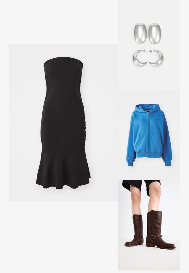 Plava zip-up dukserica s kapuljačom, dva prednja džepa, rebrasti rukavi i donji rub. Izrađena od mekog materijala, sa glatkom teksturom i jednostavnim dizajnom.; Crna haljina bez naramenica od rastezljivog materijala, sa nabranim detaljima duž bokova i lepršavim rubom. Glatka tekstura i prilagođen silueta.; Smeđe kožne čizme do koljena s okruglim vrhom, teksturiranom površinom, remenom oko gležnja i detaljima od srebrnog hardvera; s naboranim potplatom.; Set srebrnih naušnica: dva ovalna studa i dva polumjesečasta obruča, s sjajnom, glatkom završnom obradom i zaobljenim dizajnom.