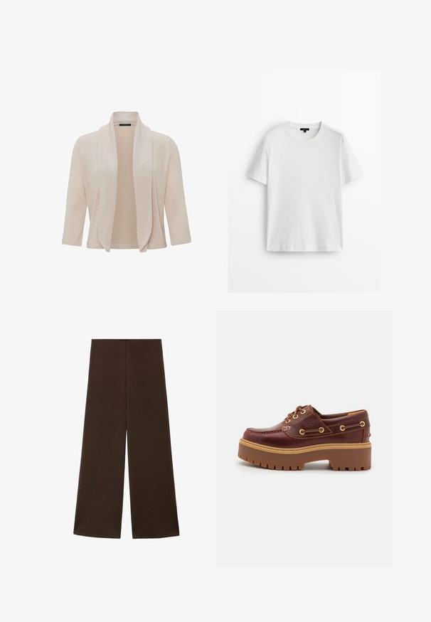 Beiger Cardigan mit weichem Stricktextur, offenes Design und dreiviertellangen Ärmeln. Glattes Material mit dezenten Nähdetails.; Weißes Baumwoll-T-Shirt mit kurzen Ärmeln, Rundhalsausschnitt und lockerer Passform. Glatte Textur und schlichtes Design, keine Muster oder Akzente.; Weite Hosen aus einem glatten, dunkelbraunen Stoff. Sie haben einen hohen Bund und ein minimalistisches Design ohne Verzierungen.; Braune Lederbootsschuhe mit einer massiven braunen Gummisohle, goldenen Ösen und kontrastierenden Nähten. Mit einem Logo an der Seite.