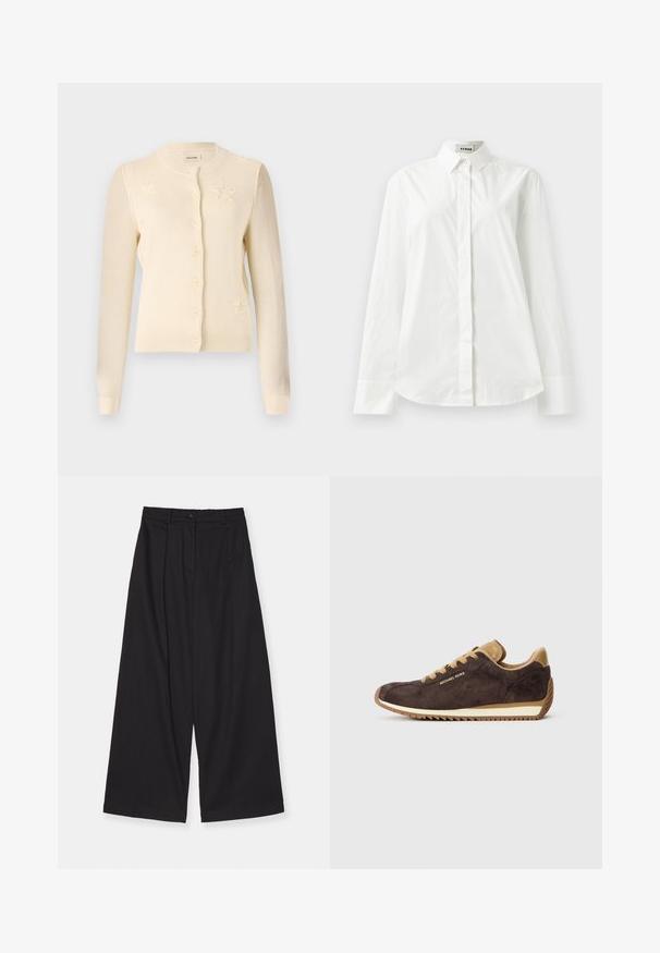 Cardigan crema con scollo rotondo, chiusura con bottoni e motivi a stella sul davanti. Realizzato in morbido tessuto a maglia con polsini a costine.; Camicia bianca in cotone a maniche lunghe con colletto a punta, chiusura anteriore con bottoni e orlo arrotondato. Tessuto liscio, vestibilità regolare e senza fantasie.; Pantaloni neri a gamba larga realizzati in un tessuto liscio, con vita alta, pieghe frontali, chiusura con bottone e silhouette dritta.; Sneaker in suede marrone con accenti in pelle color tan, presenta lacci tondi, suola in gomma beige e logo "Michael Kors" sul lato esterno.