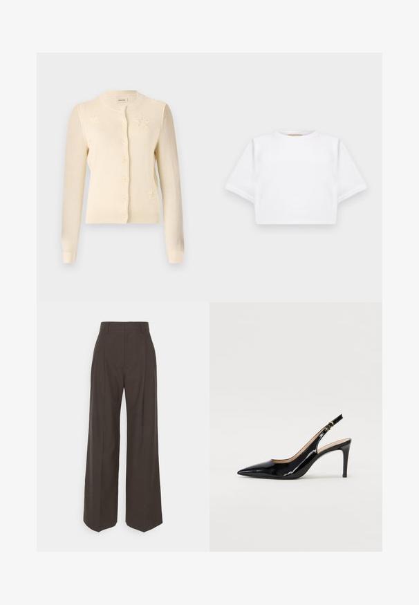 Cardigan crème avec un col rond, fermeture à boutons et motifs d'étoiles sur le devant. Fabriqué en tissu tricoté doux avec des poignets côtelés.; T-shirt blanc court en tissu doux, avec des manches courtes, un col rond et des détails en côtes sur l'ourlet. Design simple et sans embellissement.; Pantalons larges marron foncé à taille haute, avec des plis soigneusement marqués, une texture lisse et une coupe ajustée.; Pompe slingback en cuir verni noir avec un bout pointu, un talon fin et un design de découpes subtil. Elle dispose d'une boucle dorée sur la sangle.