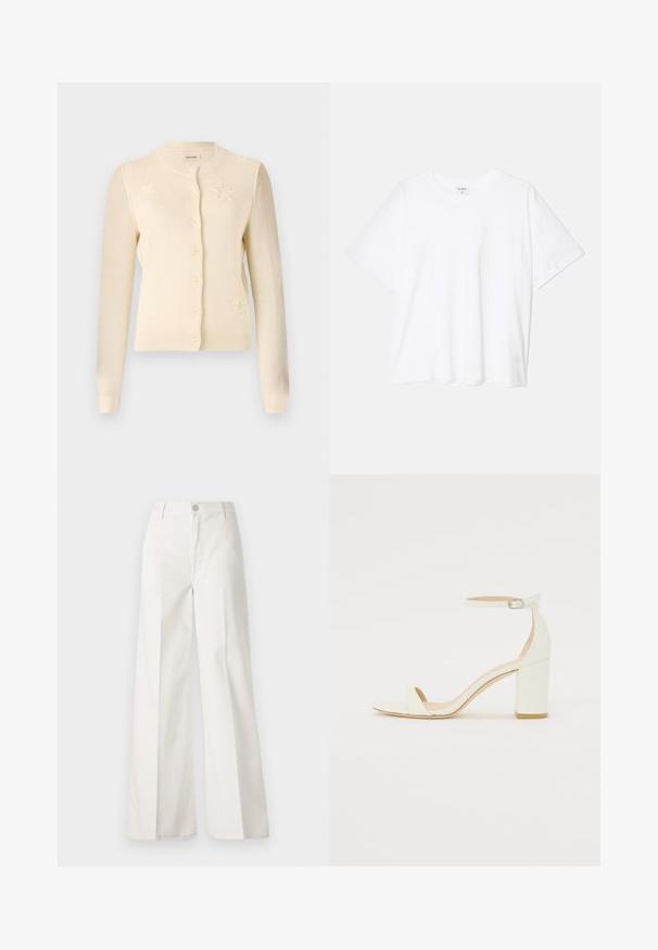 Kermainen neuletakki, jossa on pyöreä kaula-aukko, napitus ja tähdillä koristeltu etuosa. Valmistettu pehmeästä neulekankaasta, jossa on resorit hihansuissa.; Valkoinen puuvillapaita lyhyillä hihoilla, pyöreällä pääntiellä, rentoa tyyliä ja ommeltu helma. Tunniste näkyvissä sisäkauluksessa.; Valkoiset leveälahkeiset housut, jotka on valmistettu puuvillasta ja joissa on sileä rakenne. Ominaisuuksiin kuuluvat etupainike, vetoketjuluukku ja neljän taskun muotoilu.; Valkoiset nahkaiset tukikorkosandaalit, joissa on nilkkahihna soljella ja minimalistinen muotoilu. Avoin varvas ja sileät pinnat koko kengässä.