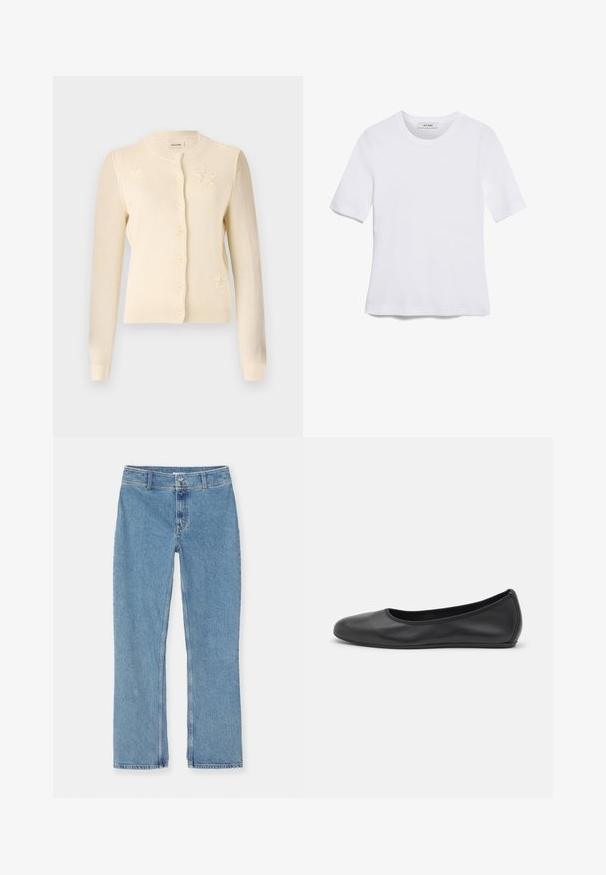 Krémový kardigan s kulatým výstřihem, zapínáním na knoflíky a hvězdicovými vzory na přední straně. Vyrobeno z měkké pleteniny s žebrovanými manžetami.; Bílá tričko s krátkým rukávem vyrobené z žebrované tkaniny. Kulatý výstřih, normální střih a jemné detaily šití. Bez vzorů nebo grafik.; Světlé modré džíny rovného střihu s knoflíkovým a zipovým zapínáním, poutky na opasek a standardním švem na bílém pozadí.; Černé kožené baletní byty s kulatou špičkou, hladkou texturou, minimálními švy a flexibilním designem podrážky.