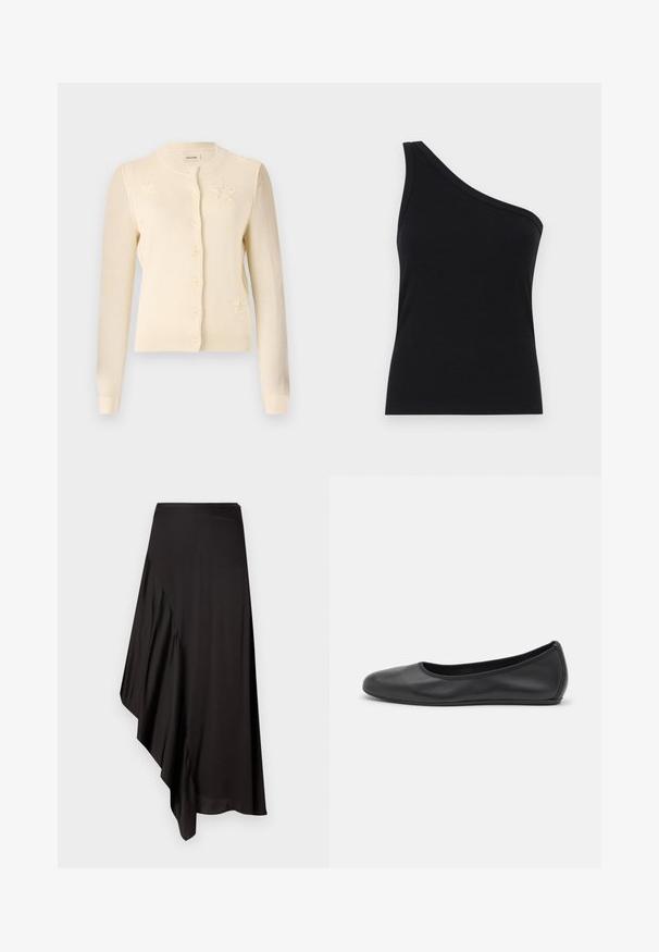 Cream cardigan with a round neckline, button closure, and star patterns on the front. Made of soft knit fabric with ribbed cuffs.; One-shoulder black ribbed tank top with a fitted design and soft texture. Features a clean, minimal cut and smooth neckline.; AERON ASTER SKIRT - Pencil skirt - black; Black leather ballet flat with a rounded toe, smooth texture, minimal stitching detail, and a flexible sole design.