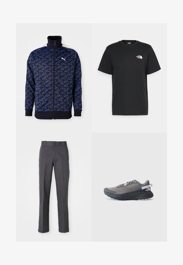 Giacca zip-up blu navy con motivo a logo blu ripetuto, colletto alto, pannelli laterali bianchi e polsini e fondo a coste per un look aderente.; T-shirt nera in cotone con maniche corte, colletto a giro, e un piccolo logo bianco sul lato sinistro del petto. Design semplice, texture liscia e vestibilità rilassata.; Pantaloni grigi scuri in misto cotone, con design a gamba dritta, tasche anteriori e chiusura con bottone in vita.; Scarpa da corsa grigia con tomaia texturizzata, lacci piatti, suola robusta e una linguetta sul tallone con branding. Dettagli in tonalità di grigio più scure.