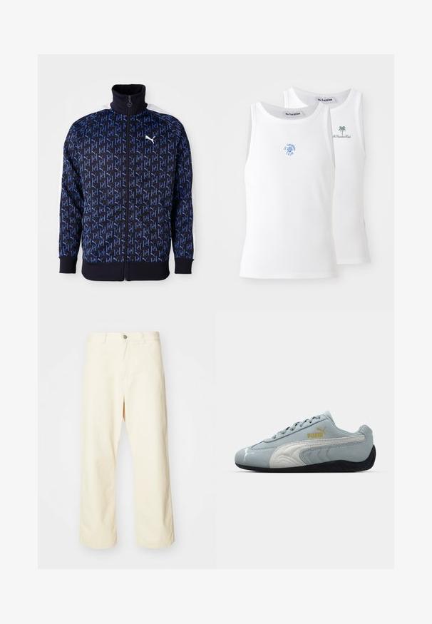 Sötétkék zip-up dzseki, ismétlődő kék logó mintával, magas gallérral, fehér oldalmerevítőkkel és bordázott mandzsettákkal és aljjal a sportos, testhezálló megjelenésért.; Két fehér trikó, bordázott textúrával, kék és zöld hímzett logókkal. Az egyik napocska mintás, a másik pálmafás.; Tejbevonatos, széles szárú, krémszínű pamut nadrág gombos záródással, övhurkokkal és varrott szegéllyel. Simaszövetű, minta nélkül.; Világoskék velúr sportcipő fehér részletekkel, texturált oldalsó dizájnnal, fekete gumitalppal és arany logóval. Sportos viseletre tervezve.