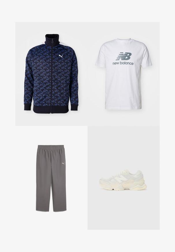 Giacca zip-up blu navy con motivo a logo blu ripetuto, colletto alto, pannelli laterali bianchi e polsini e fondo a coste per un look aderente.; T-shirt bianco in cotone con logo grigio "NB" e testo "new balance", maniche corte, design classico con collo rotondo, texture liscia.; Pantaloni sportivi grigi con vita elastica, realizzati in tessuto leggero. Presentano un piccolo logo bianco sulla gamba sinistra.; Sneaker leggera con tomaia in rete e camoscio in morbide tonalità crema, dotata di una suola spessa e di accenti tridimensionali.