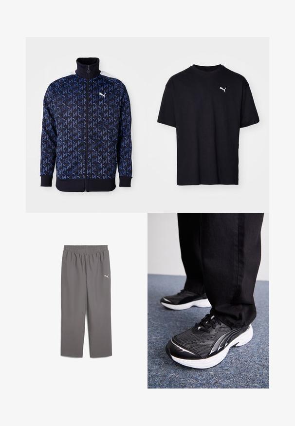 Giacca zip-up blu navy con motivo a logo blu ripetuto, colletto alto, pannelli laterali bianchi e polsini e fondo a coste per un look aderente.; T-shirt in cotone nero con maniche corte, scollatura rotonda e logo Puma bianco sul lato sinistro del petto. Vestibilità classica, texture morbida.; Pantaloni sportivi grigi con vita elastica, realizzati in tessuto leggero. Presentano un piccolo logo bianco sulla gamba sinistra.; Scarpe sportive nere con tessuto in rete, suola bianca e accenti neri. Il battistrada è testurizzato. Indossate con pantaloni neri su una superficie in moquette blu.