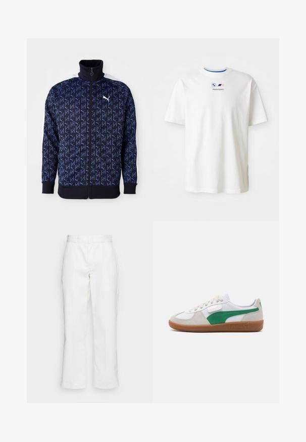 Marine zip-up jack met een herhalend blauw logo patroon, hoge kraag, witte zijkanten en ribgebreide mouwen en zoom voor een aansluitende look.; Witte katoenen t-shirt met korte mouwen, voorzien van een blauwe kraagafwerking en een BMW Motorsport-logo op de voorkant gedrukt. Glad textuur, losse pasvorm.; Witte katoenen broek met een recht model, riemlussen en zijzakken, met een gladde textuur en minimale detaillering.; Puma PALERMO UNISEX - Sneakers laag - white/vapor gray/archive green