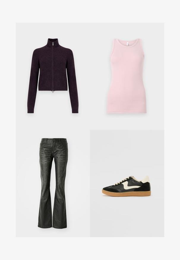 Fitted, dark purple zip-up sweater with a high collar, long sleeves, and a smooth texture. Features a silver zipper and minimalist design.; Light pink tank top made of soft, stretchy fabric. Features a round neckline and narrow shoulder straps, with a smooth texture and fitted shape.; Black faux leather flared jeans with front pockets, a metal button closure, and a slightly textured surface. Straight leg with a long cut.; Black suede and leather sneaker with a cream side swoosh and light cream heel. Features beige laces and a gum rubber outsole.