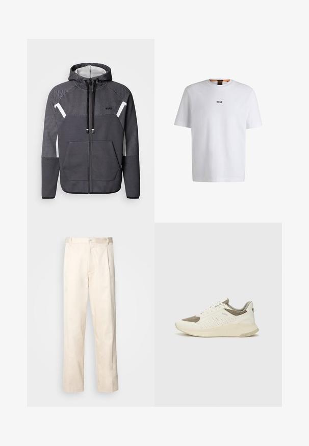 Szürke cipzáros kapucnis pulóver texturált mintával, fehér díszítéssel, két elülső zsebbel és zsinóros kapucnival. Sportos, modern dizájnnal rendelkezik.; Fehér pamut póló rövid ujjakkal, középen fekete "BOSS" logóval a mellkason és kerek nyakú kialakítással.; Beige pamut nadrág egyenes szárú kivágással, gombos záródással és elülső redőkkel a részletek fokozása érdekében.; Fehér és világos bézs sportcipő, légies hálós felsőrésszel, perforált részletekkel és texturált középtalppal, amelyen a saroknál a márka logója található.