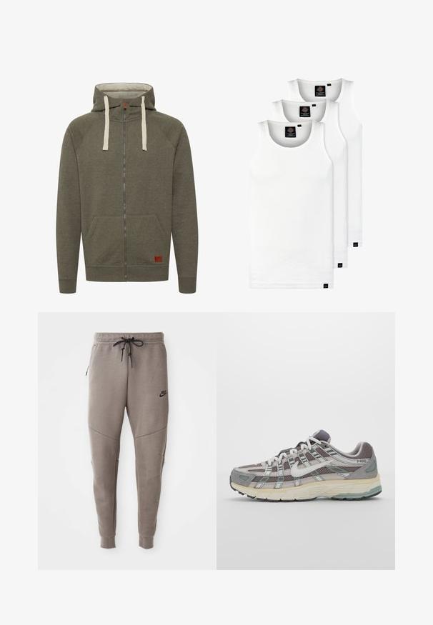 Olivengrøn zip-up hættetrøje lavet af blødt stof, med foret hætte, beige snore, lommer og et lille mærke i læder med branding.; Tre hvide ribbede tanktops lavet af bomuld. Har en rund hals og små sorte mærker nær sømmen. Fås i flere størrelser.; Grå Nike joggingbukser med snoretræk i taljen, tapered ben, sidelommer og markante sømdetaljer. Blødt, struktureret stof.; Grå sportssko med overdel i mesh og ruskind, hvide accenter, en polstret sål og et særpræget design med reflekterende elementer.