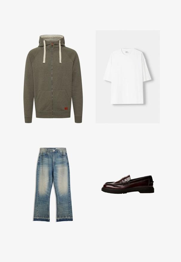 Olivengrøn zip-up hættetrøje lavet af blødt stof, med foret hætte, beige snore, lommer og et lille mærke i læder med branding.; Hvid kortærmet T-shirt lavet af bomuld, med rund halsudskæring og en afslappet pasform. Glat tekstur, uden synlige mønstre eller detaljer.; Lyseblå denim jeans med en let falmet finish, lige ben, fem lommer og rå kantdetaljer. Ingen synlige hardware-accenter.; Brune læder loafers med en rund tå, detaljeret syning og en gummisål. Har et dekorativt rem og en glat tekstur.