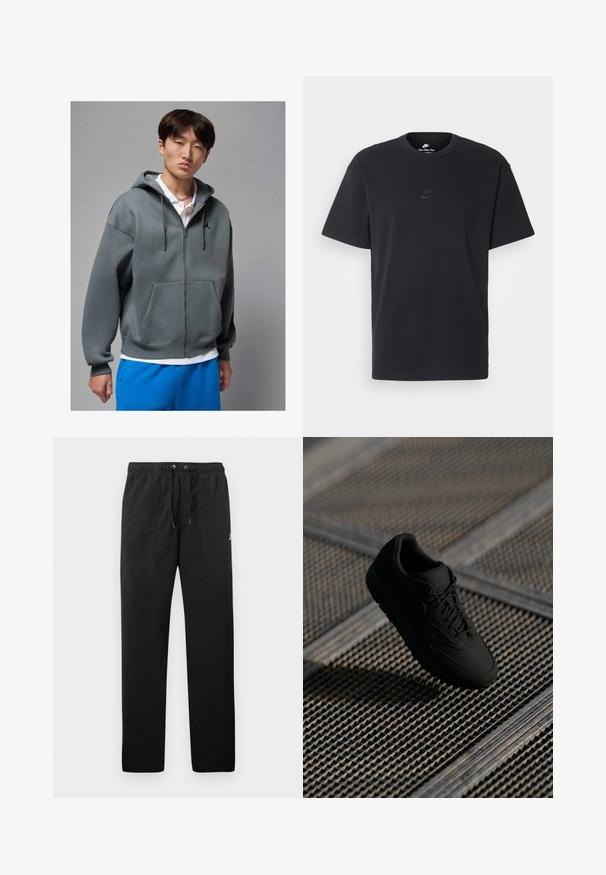 Sivá mikina na zips s predným vreckom, so šnúrkou na kapucni a čiernym logom. Nosená cez biely polo a kombinovaná s modrými šortkami.; Čierne bavlnené tričko Nike s klasickým okrúhlym výstrihom, krátkymi rukávmi a jemne embosovaným logom na hrudi. Hladká textúra.; Čierne teplákové nohavice vyrobené z flísu, s elastickým pásom a šnúrkami na zaväzovanie, dvoma prednými vreckami a malým logom na stehne.; Čierne tenisky s hladkou textúrou, okrúlou špičkou, šnurovaním a decentným logom. Zobrazené na textúrovanom, industriálnom pozadí.