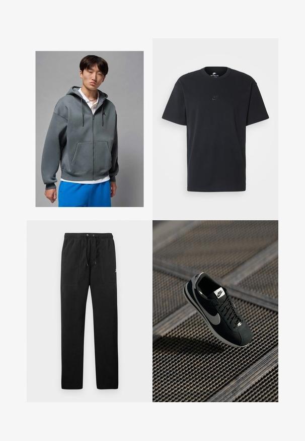 Sweatshirt cinzento com fecho, com um bolso frontal, apresentando um capuz com cordão e um logótipo preto. Usado sobre uma polo branca e combinado com calções azuis.; T-shirt de algodão preto da Nike com um clássico decote redondo, mangas curtas e um logótipo em relevo discreto no peito. Textura suave.; Calças de fato de treino pretas feitas de polar, com uma cintura elástica e cordões, dois bolsos frontais e um pequeno logótipo na coxa.; Sapatilha Nike preta com accents cinzentos, materiais em camurça e rede, sola texturizada, formato estreito e design clássico de atacadores.