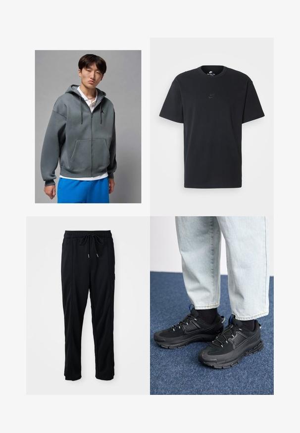 Pelēks kapucēts džemperis ar rāvējslēdzēju un priekšējo kabatu, ar auklu kapuci un melnu logotipu. Valkāts virs baltas polo krekla un kopā ar zilām šortiem.; Nike melns kokvilnas T-krekls ar klasisku piegriezumu, īsām piedurknēm un smalku, reljefu logotipu uz krūškurvja. Gluda tekstūra.; Melnas bikses ar aukliņu jostas vietā, ar sānu kabatām un taisnu kāju griezumu uz vienkrāsaina fona.; Melni sporta apavi ar strukturētu audumu un gumijas zoli, ar elastīgām auklām un zilu akcentu uz papēža. Nēsāti ar gaišām džinsu biksēm.