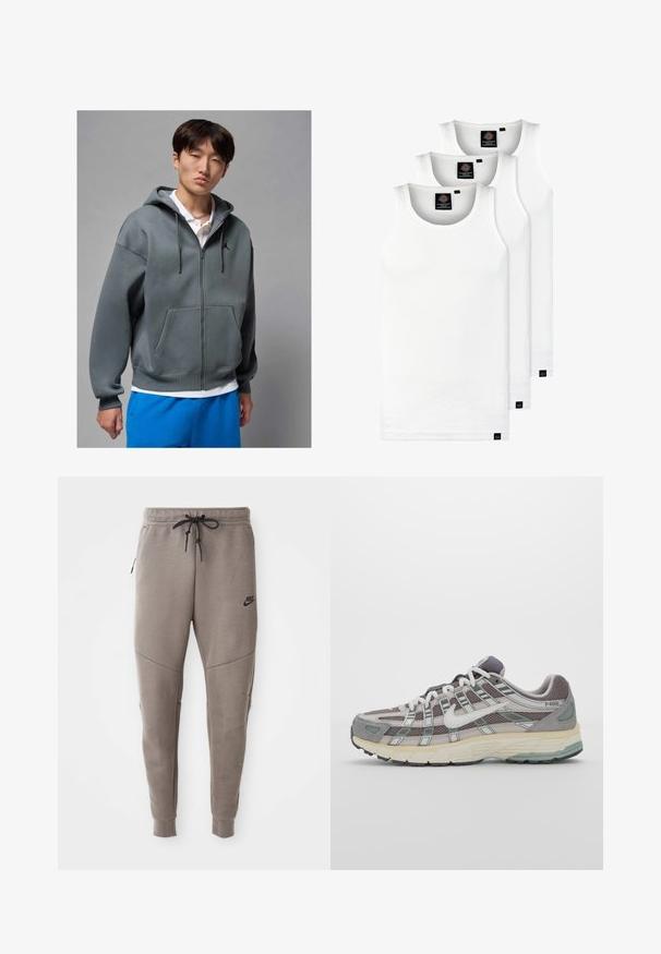 Szürke cipzáras hosszúujjú pulcsi elülső zsebbel, húzózsinóros kapucnival és fekete logóval. Fehér pólóra húzva, kék sorttal párosítva.; Három fehér csíkos pamut trikó. Felső része kerek nyakkivágású, és a szegély közelében kis fekete címkék találhatók. Több méretben elérhető.; Szürke Nike melegítőnadrág húzózsinórral a deréknál, keskeny lábakkal, oldalsó zsebekkel és jellegzetes varrás részletekkel. Puha, texturált anyag.; Szürke sportcipő, hálós és velúr felsőrésszel, fehér részletekkel, párnázott talppal és jellegzetes dizájnnal, amely visszaverő elemeket tartalmaz.