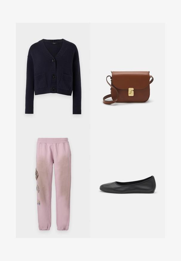 WEEKEND MaxMara ARAD - Strickjacke - blu; Weißes kurzärmliges T-Shirt aus geripptem Stoff. Runder Halsausschnitt, normale Passform und dezente Nähte. Keine Muster oder Grafiken.; Rosa Sweatpants mit elastischem Bund, verziert mit dekorativen Patches in Diamantform auf der linken Seite und elastischen Bündchen an den Knöcheln.; Schwarze Leder-Ballettschuhe mit abgerundeter Spitze, glatter Textur, minimalen Nähdetails und einem flexiblen Sohlen-Design.; Braune Ledertasche mit Klappenverschluss, Beschlägen in Goldfarbe, einem Schultergurt und einer glatten Oberfläche. Kompakte rechteckige Form.
