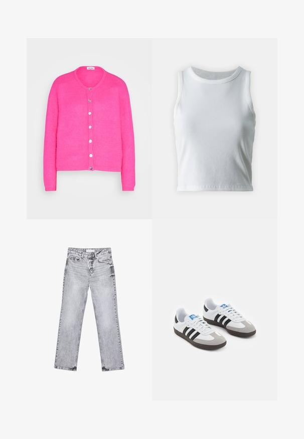 Roza kratka rokava jopica iz mehkega materiala s krožnim izrezom, ki ima 7 gumbov spredaj in teksturo pletenine.; Bela rebrasta majica brez rokavov z okroglo izrezom, s pravo hem in gladko, elastično strukturo.; Sive traperice z ravnim krojem, z obdelanimi detajli, petimi žepi in bakrenimi zakovicami. Pas ima oznako z logotipom.; Športni čevlji z belim usnjenim zgornjim delom, sivim semišem na prstih in tremi črnimi črtami. Imajo modro logo na jeziku in teksturiran gumijast podplat.