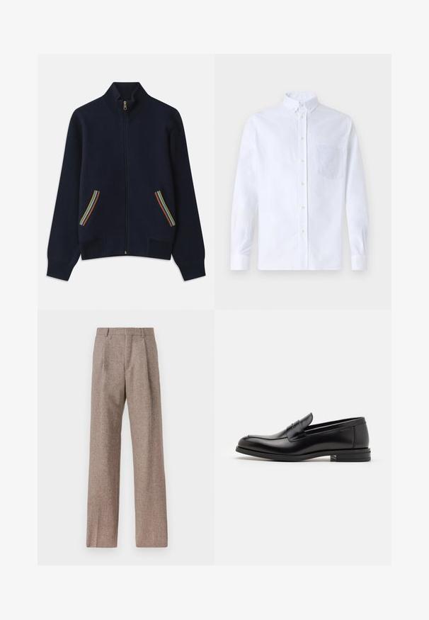 Tengerészes zipzáros pulóver magas gallérral, két zsebe szivárványcsíkokkal díszítve, aranyszínű cipzárral. Puha tapintású, laza fazon.; Fehér, hosszú ujjú, gombos ing pamutból, mellzsebbel, tónusos hímzéssel, gallérral és gombos mandzsettával.; Barna, magas derekú nadrág texturált anyagból. Széles szárai és két elülső redője biztosítja a struktúrát. Ízléses kivitel, látható fémszerelés nélkül.; Fekete bőr loaferek sima textúrával, kerek orral és dekoratív pánttal a vampnál. Alacsony, rétegelt sarkú, minimalista dizájn.