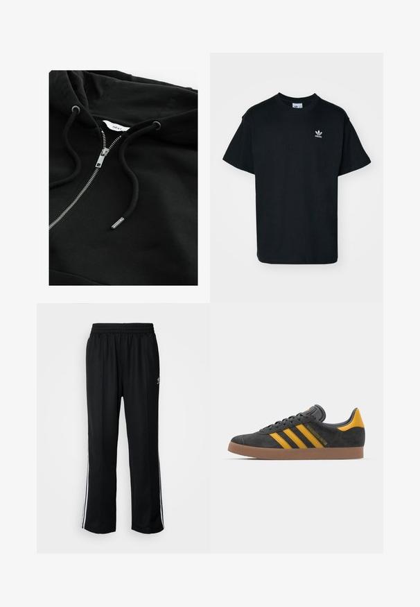 Felpa nera con zip e cappuccio regolabile, zip metallica e tessuto testurizzato. Presenta un piccolo etichetta del marchio all'interno del collo.; T-shirt in cotone nero con collo rotondo e maniche corte, caratterizzato da un piccolo logo bianco Adidas sul lato sinistro del petto.; Pantaloni da allenamento neri con elastico in vita, dotati di bande laterali bianche e un piccolo logo. Il materiale sembra morbido e leggero.; Sneaker in suede nero con dettagli gialli, dotato di tre strisce e una suola in gomma marrone. Include una linguetta imbottita per il comfort.