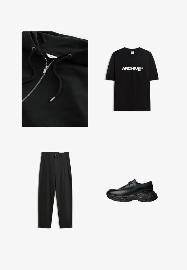 Sort zip-up hoodie med snortræk i hætten, metallisk lynlås og struktureret stof. Har et lille brandetiket inde i halsudskæringen.; Sort bomulds T-shirt med et hvidt "ARCHIVE inc." logo over brystet, korte ærmer og rund halsudskæring.; Sorte bomuldsbukser med en afslappet pasform, der har en klassisk talje, frontfolder og sidelommer. Glat tekstur uden mønstre.; Sorte læder slip-on sko med rund tå og tykk tekstureret gummisål. Har diskret syninger og elastiske detaljer ved kraven.