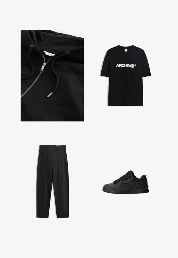 Zwarte zip-up hoodie met een trekkoordcapuchon, metallic rits en gestructureerde stof. Bevat een klein merklabel aan de binnenkant van de halslijn.; Zwarte katoen T-shirt met een witte "ARCHIVE inc." logo over de borst, korte mouwen en een ronde hals.; Zwarte katoenen broeken met een losse pasvorm, voorzien van een klassieke tailleband, voorplooien en zijzakken. Gladde structuur zonder patronen.; Zwarte sneakers met een gestructureerde bovenkant, voorzien van veters, mesh-details voor ademend vermogen, een gevoerd kraagje en een stevige zool.