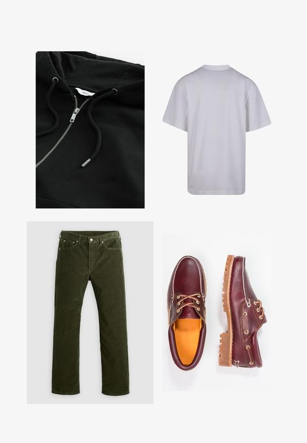 Črna zip-pulover s kapuco z vrvico, metalno zadrgo in teksturirano tkanino. Ima majhno etiketo blagovne znamke znotraj ovratnika.; Urban Classics TALL TEE - Navadna majica - white; Olivnozelene kordne hlače ravnega kroja s sprednjim gumbom, zadrgo, cintom za pas in obliko s petimi žepi na beli podlagi.; Burgundske usnjene čevlje z rjavimi gumijastimi podplati, okrogla kapica, beli šivi in zlate luknje za vezalke. Notranjost je obložena s rumeno podlogo.