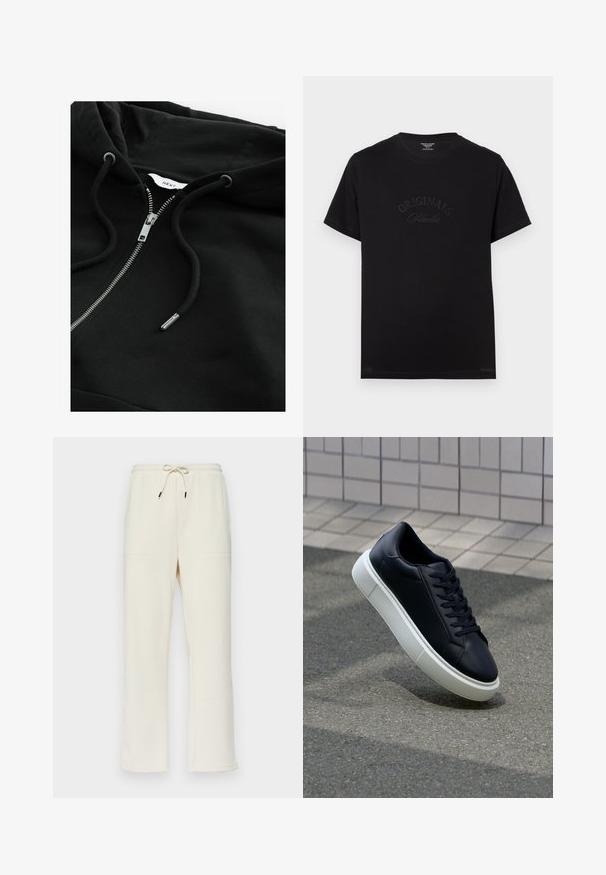 Juodas zip-up kapisonas su raišteliu, metaliniu užtrauktuku ir tekstūruotu audiniu. Viduje apykaklės yra nedidelis prekės ženklo etiketė.; Juodas medvilninis marškinėliai su trumpomis rankovėmis ir apvaliu iškirpimu. Priekyje turi įspaustą tekstą "ORIGINALS Studio" toninėmis raidelėmis.; Kreminės spalvos raukšlėtos kelnės su raišteliu talijoje, su dviem šoninėmis kišenėmis ir tiesiai nukirptu dizainu.; Juodas odinis sportbačius su apvaliu pirštu ir baltu gumuotu padu. Turi plokščias raišteles ir minimalų siuvimą viršuje. Padangos tekstūra užtikrina sukibimą.