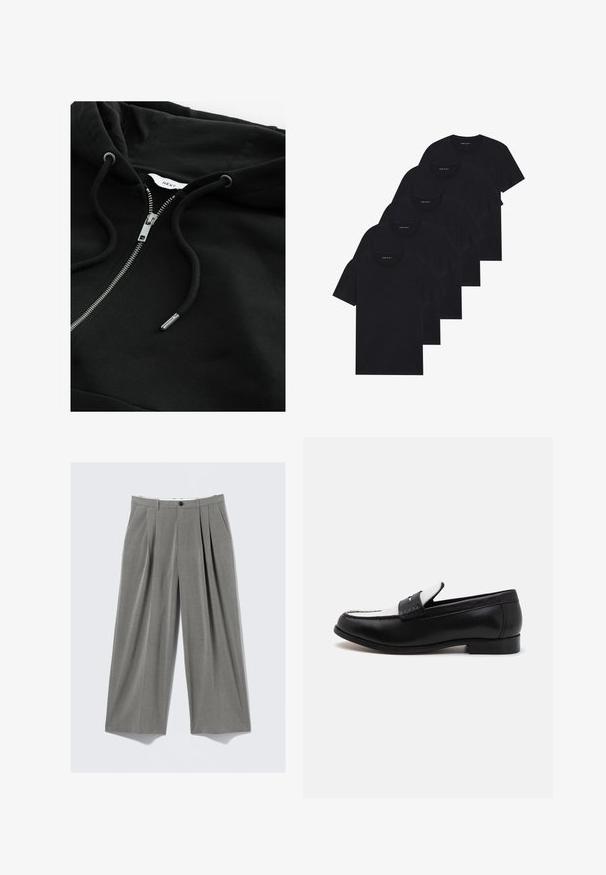 Fekete cipzáras kapucnis pulóver, húzózsinórral, fémből készült cipzárral és texturált anyaggal. A nyakrészen belül egy kis márkacímke található.; Öt darab fekete kerek nyakú póló csomag. Rövid ujjú, pamut anyagból, szabványos fazonnal. Sima textúra, látható minták vagy díszítések nélkül.; Szürke csíkozott, bőv szabású elegáns nadrág, ami elöl redőzött, övlyukakkal, oldalzsebekkel és fekete gombos záródással rendelkezik.; Fekete bőr mokaszin, kontrasztos fehér bőr panelezéssel és varrással. Simább felülettel és alacsony sarkú kialakítással rendelkezik.