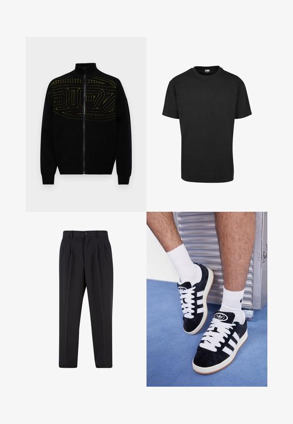 Fekete zipzáros kapucnis pulóver magas gallérral, amelynek a mellrészén texturált sárga dizájn található, valamint bordázott mandzsettákkal és alsó szegéllyel.; Fekete pamut póló kerek nyakkivágással, rövid ujjakkal és egyenes aljjal. Simaság jellemzi; egyszerű, díszítetlen dizájn.; Fekete nadrág, pliszézett elejű dizájnnal, sima anyagból készült. Gombos záródás és övhurkok jellemzik; egyenes szabású.; Fekete velúr sportcipők fehér fűzőkkel és három fehér csíkkal. A nyelvén egy kör alakú fekete logó található, valamint egy gumis talp.
