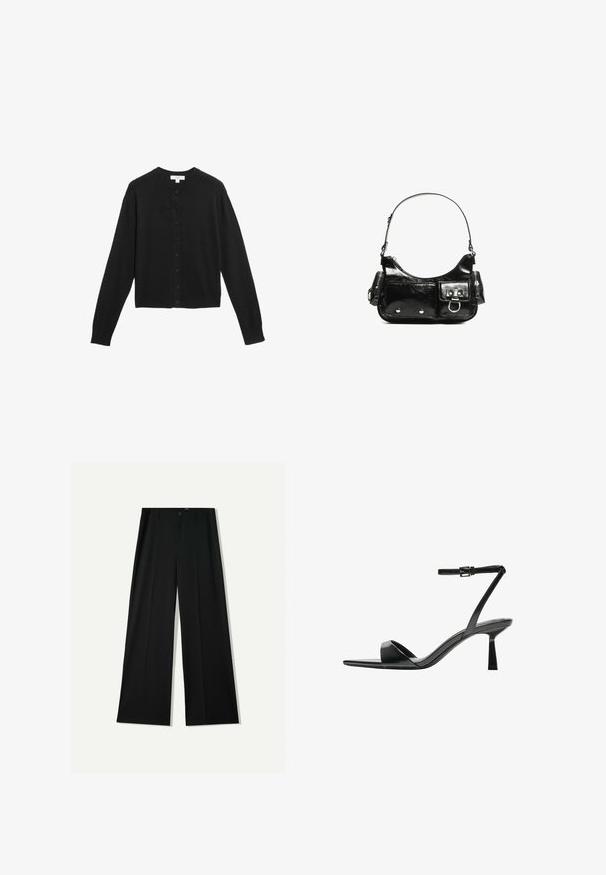 Czarny kardigan wykonany z miękkiego materiału, z okrągłym dekoltem, pełnymi rękawami oraz zapięciem na guziki z pasującymi czarnymi guzikami.; Czarny bezrękawnik crop top z gładkiego materiału, z okrągłym dekoltem i czystym, prostym wzornictwem, bez wzorów czy metalowych elementów.; Bershka WIDE czarny; Bershka - Sandały na obcasie; Czarna torebka z lakierowanej skóry o zaokrąglonym kształcie, z jednym paskiem na ramię, przednimi kieszeniami i akcentami w kolorze srebrnym.