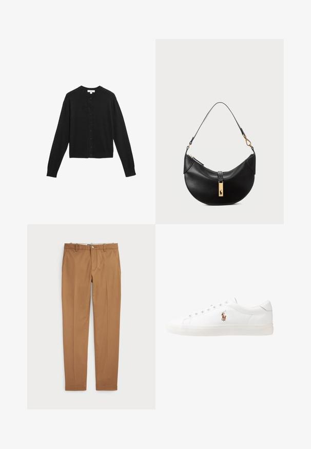 Svart kofta i mjukt tyg, med rund halsringning, hela ärmar och knäppning framtill med matchande svarta knappar.; Svart bomull t-shirt med rundad halsringning, kort ärm och en vit broderad logotyp på vänster bröst. Slät textur, avslappnad design.; Bruna bomullshängslen med en slim-fit-design, platt front och standardfickor; mjuk textur och fållade muddar.; Vita lädersneakers, låg design, med en slät yta, rund tå, snörning fram och en liten broderad logotyp på sidan.; Svart läderhandväska i halvmåneform. Har en accent av guldhardware och en smal rem. Slät yta, blixtlåslås upptill.