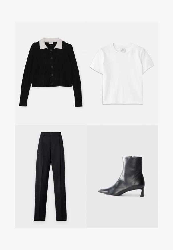 Fekete bordás kardigán, fehér gallérral, hat fekete gombbal és hosszú ujjal; puha tapintású, rövidített fazonú, egyszerű mintázatú.; Fehér pamut póló kerek nyakkal, rövid ujjakkal és egyenes szegéllyel. A nyakvonal közepén a "Won Hundred" címkét található.; Fekete nadrág sima anyagból, magas derékkal, széles lábakkal, elülső redőkkel és klasszikus övhurkokkal. Oldalzsebek nem láthatók.; Fekete bőr bokacsizma hegyes orral és letisztult dizájnnal. Alacsony sarka és hátsó cipzáras záródása van. Simának tűnő textúra.