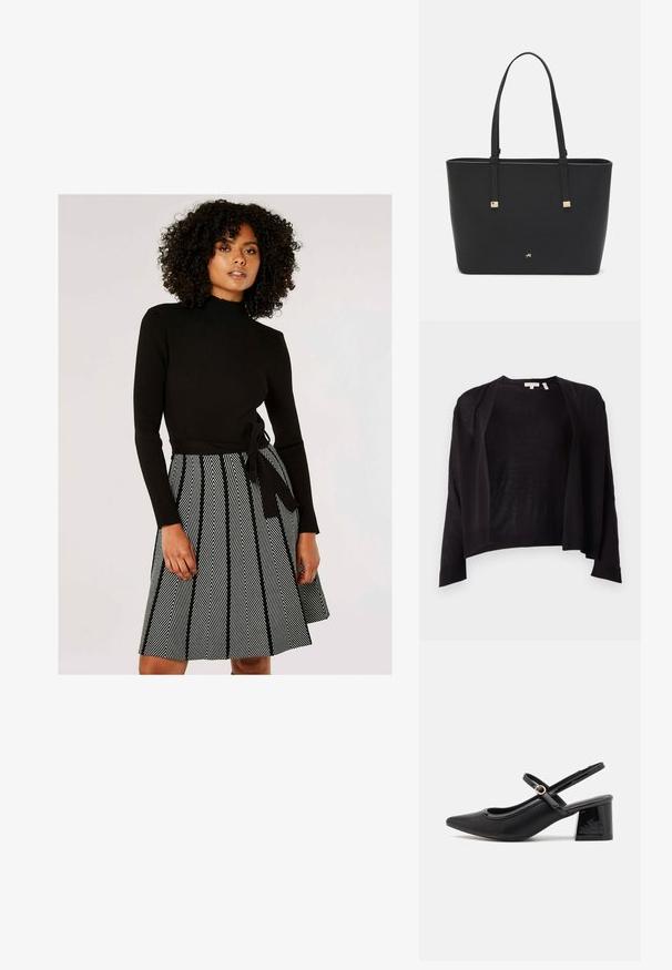 Sort cardigan med afslappet pasform, åben front, lange ærmer og ribbet kant. Lavet af let strikket materiale. Ingen lukninger.; Sort ribbet langærmet top parret med en sort-hvid zigzag mønstret nederdel, der har en knyttet talje. Udfordret silhuet, glat tekstur.; Sorte patentlæder slingback hæle med spids tå, rund udskæring og blokhæl. Har en guldtonet spændeaccents.; Sort tote bag lavet af syntetisk materiale, med et enkelt rektangulært design, gyldne firkantede detaljer og dobbelt håndtag.